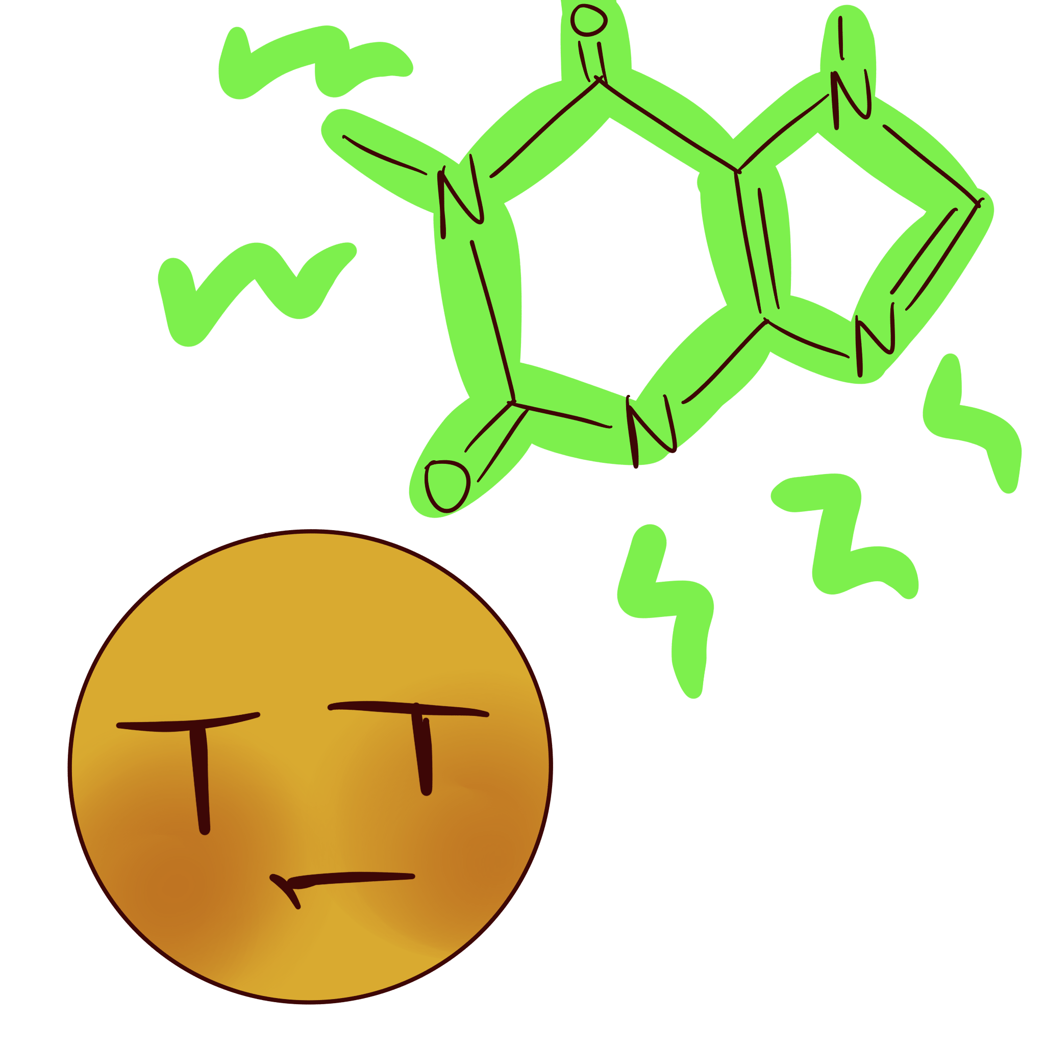  a person looking annoyed and a caffeine molecule with green lightning bolts coming off it